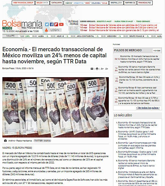 Economa.- El mercado transaccional de Mxico moviliza un 24% menos de capital hasta noviembre, segn TTR Data